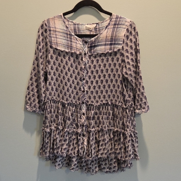 ODDY Tiered Button Down Tunic Raw Edge High Low Hem Gray And Blue Women's Small - Picture 2 of 12